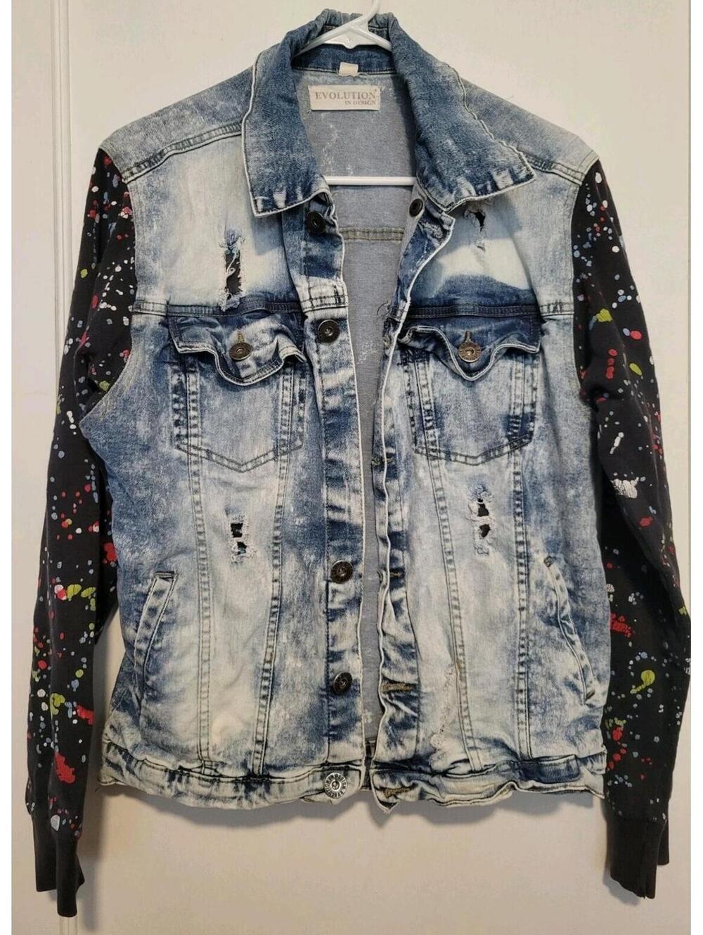 Vintage Evolution In Design Distressed Jean Jacket Sweatshirt M Y2K Splat